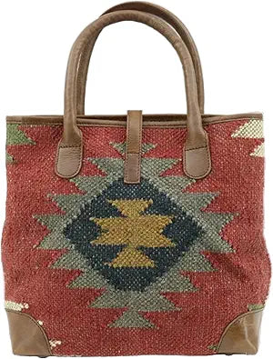 Bare Roots Jute Kilim HandBag Purse Tote Bag with Leather Handles